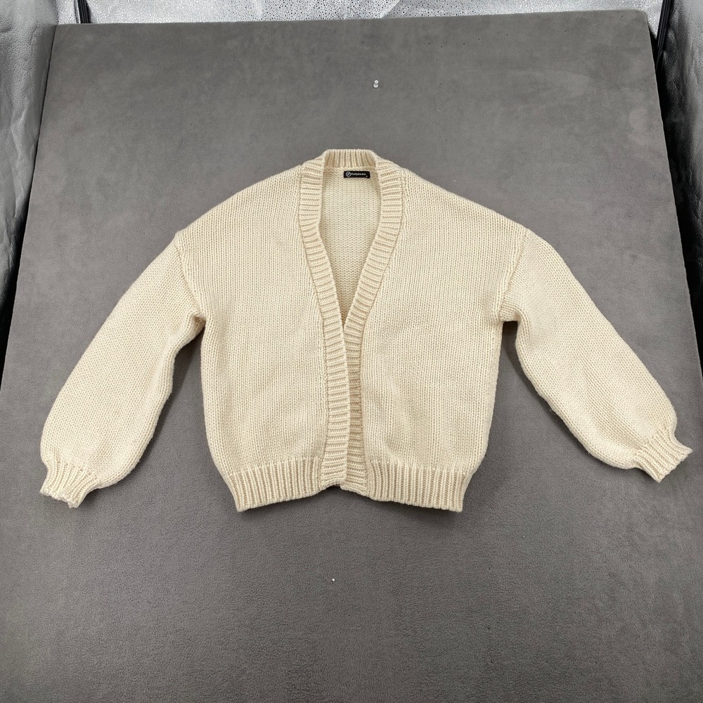 PrettyGarden Cream Chunky Knit Cardigan Lantern Sleeve Open Front Sweater S